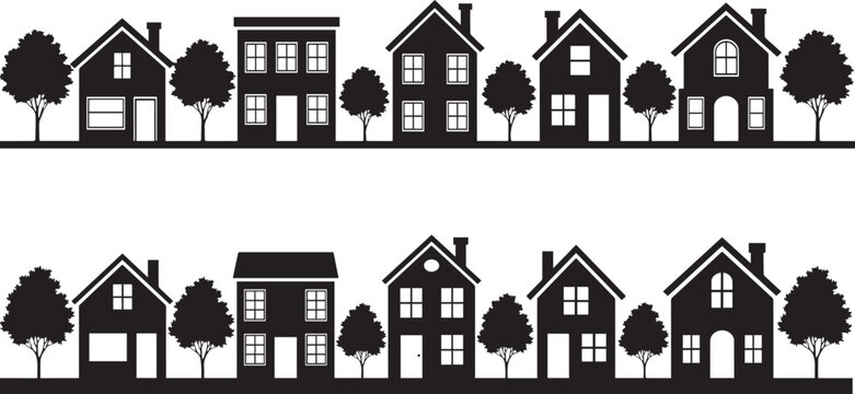 Black silhouette suburban houses and trees border vector illustration, seamless residential neighborhood skyline, modern home architecture, isolated on white background