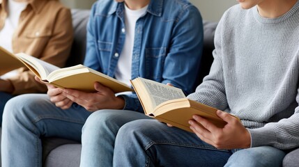 Fototapeta premium Group of friends reading books together on a couch, sharing knowledge and fellowship