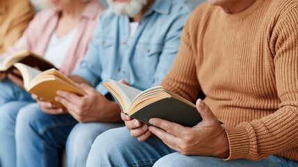 Obraz premium Diverse group of adults engaged in a spiritual book study at home