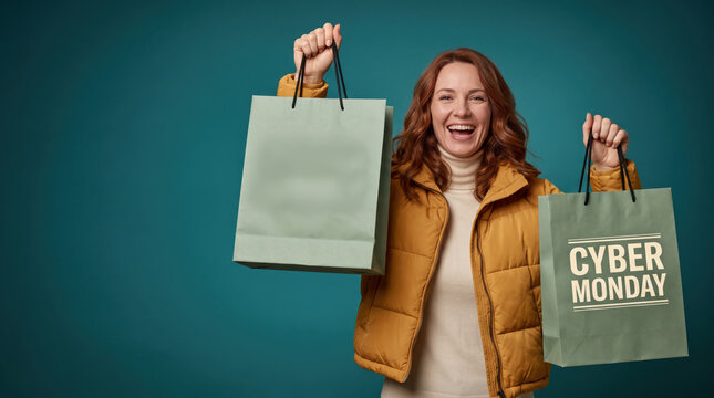 Happy Woman Holding Shopping Bags Including Cyber Monday Bag on Blue Background, Online Shopping Sale Promotion