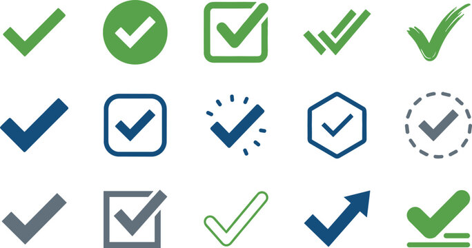 Green and Blue Check Mark Vector Icon Set Featuring Various Tick Symbols Like Double Check Checkbox Hand Drawn Brush and Ok Buttons for Survey Forms