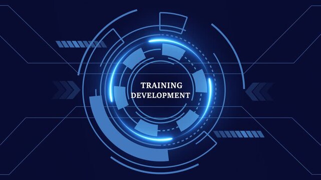 Abstract neon glowing technology of" TRAINING DEVELOPMENT,, for High-Speed Mobile Connectivity, Holographic Display, Financial Data Visualization, Digital Symbol in Futuristic Interface