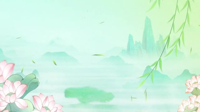 A traditional Oriental style featuring soothing, calm pastel green tones. Pink lotus flowers are visible, blooming beautifully in the bottom corner, while green leaves drift gently on the breeze.