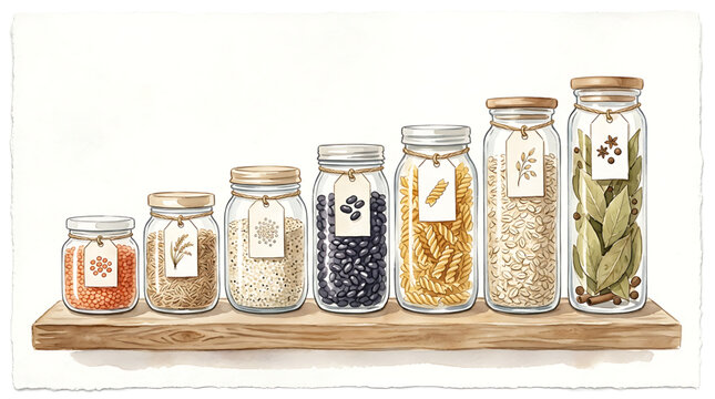 Assortment of Dry Goods and Spices Stored in Labeled Glass Jars on a Wooden Shelf