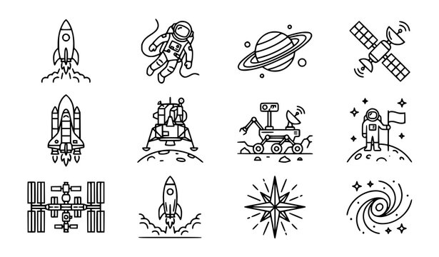 Minimal Space Exploration Line Icon Set with Rockets, Astronaut Helmet, Planets and Stars Vector Illustration
