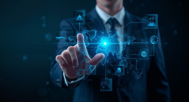 Businessman reviewing multilingual capabilities for global business planning using holographic language tools � Business Professional and Corporate Lifestyle Concept for Leadership