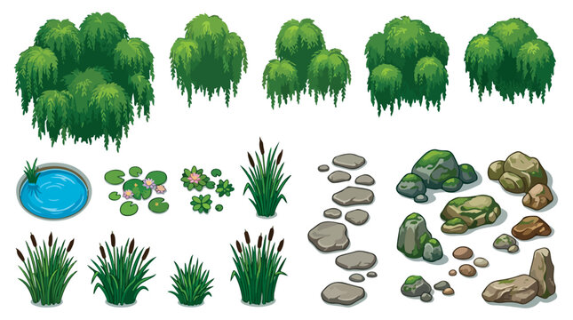 Isometric garden landscape elements, green bushes and pond plants vector set, stepping stones and mossy rocks for game design environment