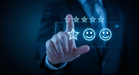 Obraz premium Feedback Ratings A hand interacting with a holographic star rating system and � Professional Stock Photography Concept for Commercial and Marketing Use