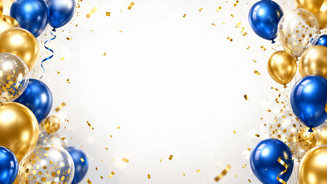 Festive blue and gold balloons frame background with floating confetti for birthday celebration party or event announcement