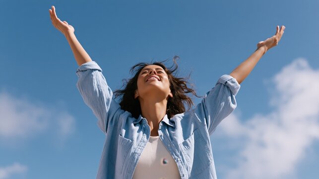 Woman with arms raised to the sky in a moment of joy and freedom