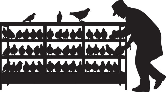 Silhouette of a man feeding chickens in a large coop