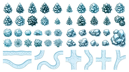 Isometric winter game assets, snow covered pine trees and frozen rocks vector set, icy path and road tiles for map design © gulshan