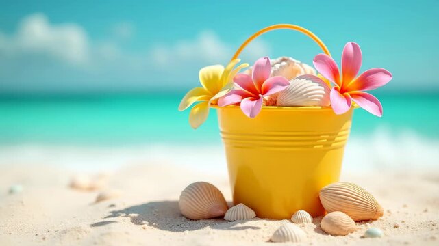 Summer background with colorful beach bucket filled with seashells and tropical flowers on white sand, beach lifestyle 