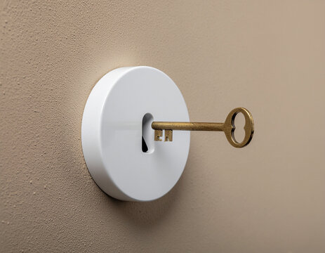 a minimalist close-up shot of a vintage gold key inside a white circular escutcheon on a beige wall