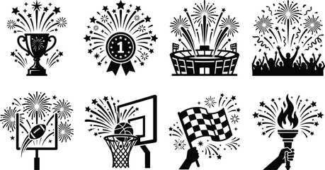 Fototapeta premium Sports Victory Celebration Vector Set with Fireworks and Achievement Icons