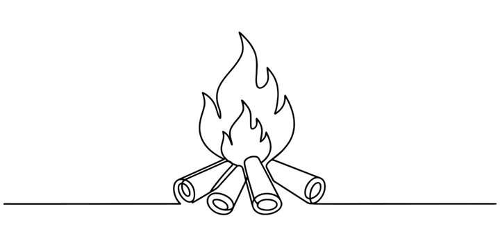Continuous single line drawing of a burning campfire with logs and fire flames