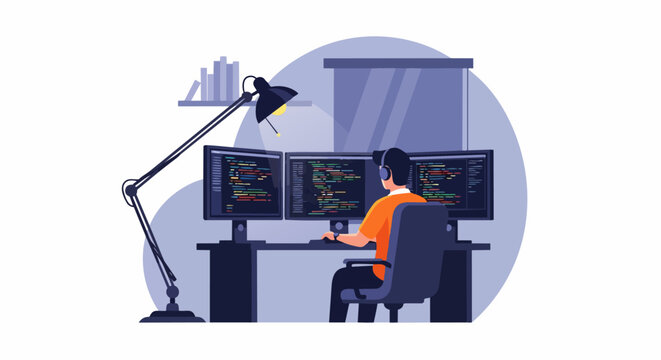 Professional software developer working at a triple monitor workstation, flat vector illustration of a programmer coding in a modern office or home setup