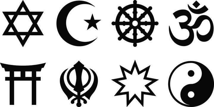 Religious and spiritual symbols icon set featuring major world faiths isolated as black vector silhouettes on white background