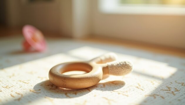 Wooden baby teething ring on floor with soft sunlight in background  