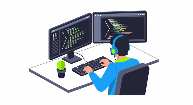 Isometric Vector Illustration of a Software Developer Coding on Dual Monitors at a Desk