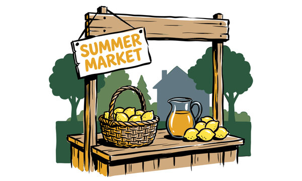 Rustic summer market wooden stall with basket of fresh lemons and lemonade pitcher, vintage graphic illustration for farmers market branding.