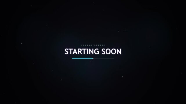 Dark streaming screen with starting soon text and loading progress bar for broadcast overlays animation