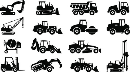 Construction Vehicle and Heavy Machinery Icon Collection with Excavators, Bulldozers, Cranes, Trucks, and Industrial Equipment Symbols for Building Graphic Design Projects © Joy