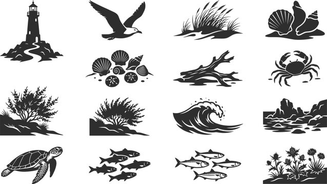 Coastal Marine Silhouette Collection with Lighthouse Seabird Seashell Crab Fish Turtle Wave and Ocean Icons for Graphic Design Projects