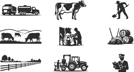 Dairy Farming Silhouette Collection with Cow Calf Milking Tractor Hay Pasture Transport and Farm Management Icons for Graphic Design Projects © Joy