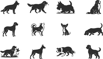 Obraz premium Dog Breed Silhouette Collection with Standing Sitting Walking Canine Icons for Pet Animal Diversity and Graphic Design Projects