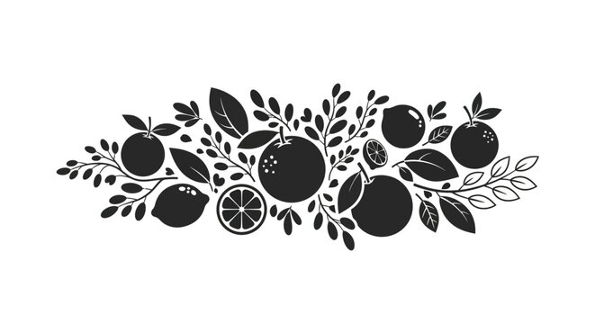 Black and white silhouette illustration of citrus fruits and leaves composition.
