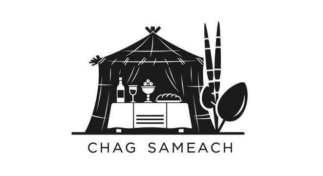 Sukkot holiday illustration with sukkah booth and arba minim.