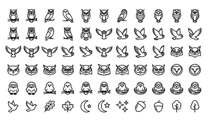 Fototapeta premium Owl outline icons vector minimalist bird pack