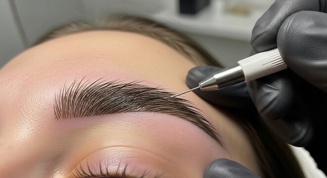 Person undergoing eyebrow microblading procedure in salon