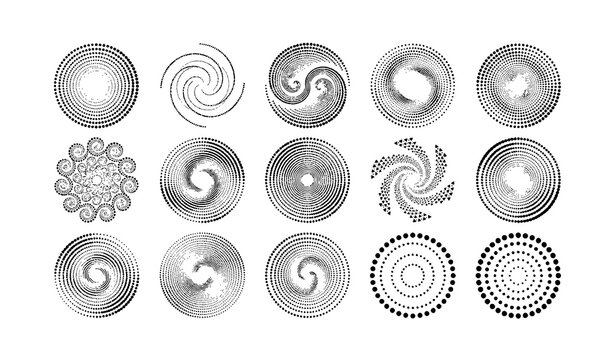Premium abstract dotted spiral halftone circle vector pack with 12 unique designs