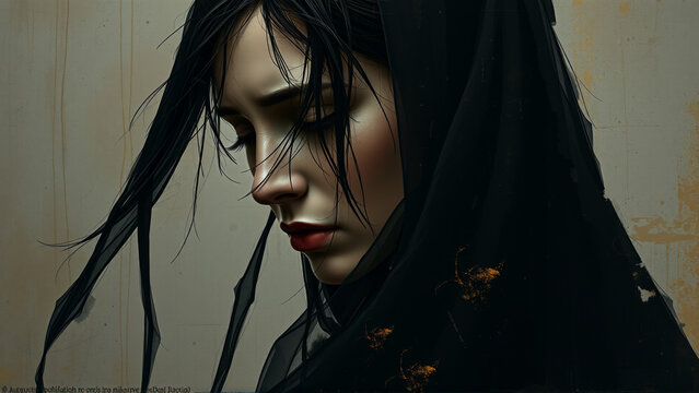 Portrait of a woman wearing a black mourning veil. Watercolor painting.