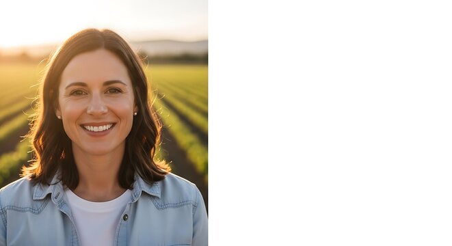 Smiling woman in casual blue shirt outdoors in sunlight.