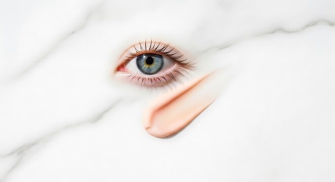 Close up of blue eye with long eyelashes and pink lipstick.