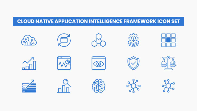 Cloud native application intelligence framework icon set a collection of blue line icons on white cloud computing data analysis center