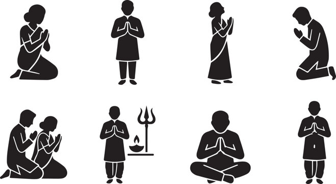 Hindu Prayer People Namaste Pose Vector Silhouette Icons Set with Devotees Meditating, Kneeling, Standing and Worship Symbols