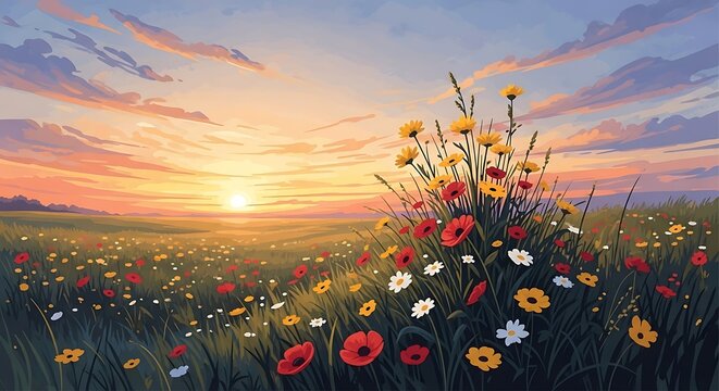 Golden sunset over blooming flower field with butterflies.