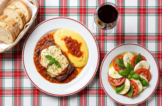 Pizzaiolo steak with polenta and tomato sauce, and a salad of buffalo mozzarella, red tomatoes, and basil, accompanied by red wine served on a checkered tablecloth, viewed from above.