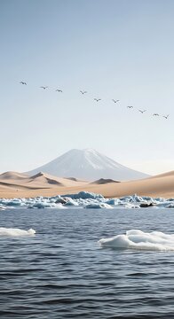 Serene coastal scene with breaking ocean waves and distant mountains.