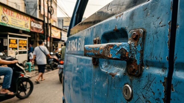 Close-up of a traditional Indonesian angkot fare box, showing wear and tear from daily use