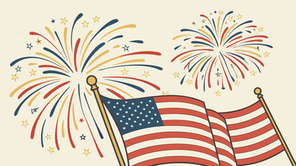 Fototapeta premium Red white and blue fireworks over water with patriotic American flag background.