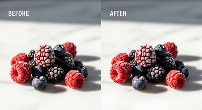 Close up comparison of sparkling red berries before and after cleaning.