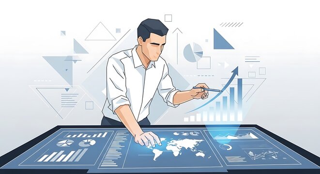 Businessman using futuristic digital tablet technology.