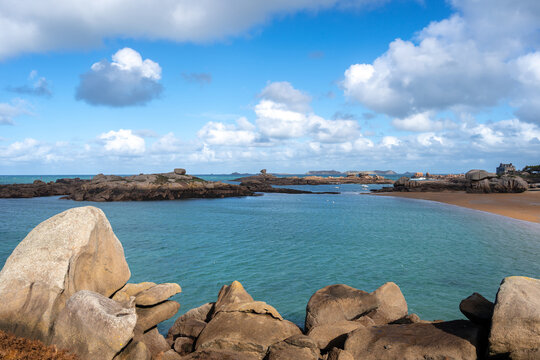 Granite islands and blue waters near Tregastel, Brittany, France