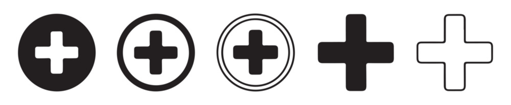 Set of simple plus sign icons in various circle and outline styles isolated on transparent background.