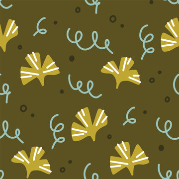 Seamless Abstract Floral Pattern with Hand Drawn Leaves and Decorative Elements on Dark Olive Background